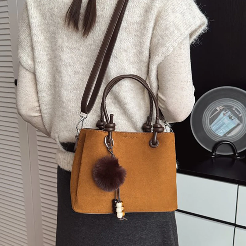 Women Vintage Suede Handbag Knotted Handle with Pom‑pom Bead Pendant Removable Strap Crossbody Purse Top‑handle Shoulder Bag