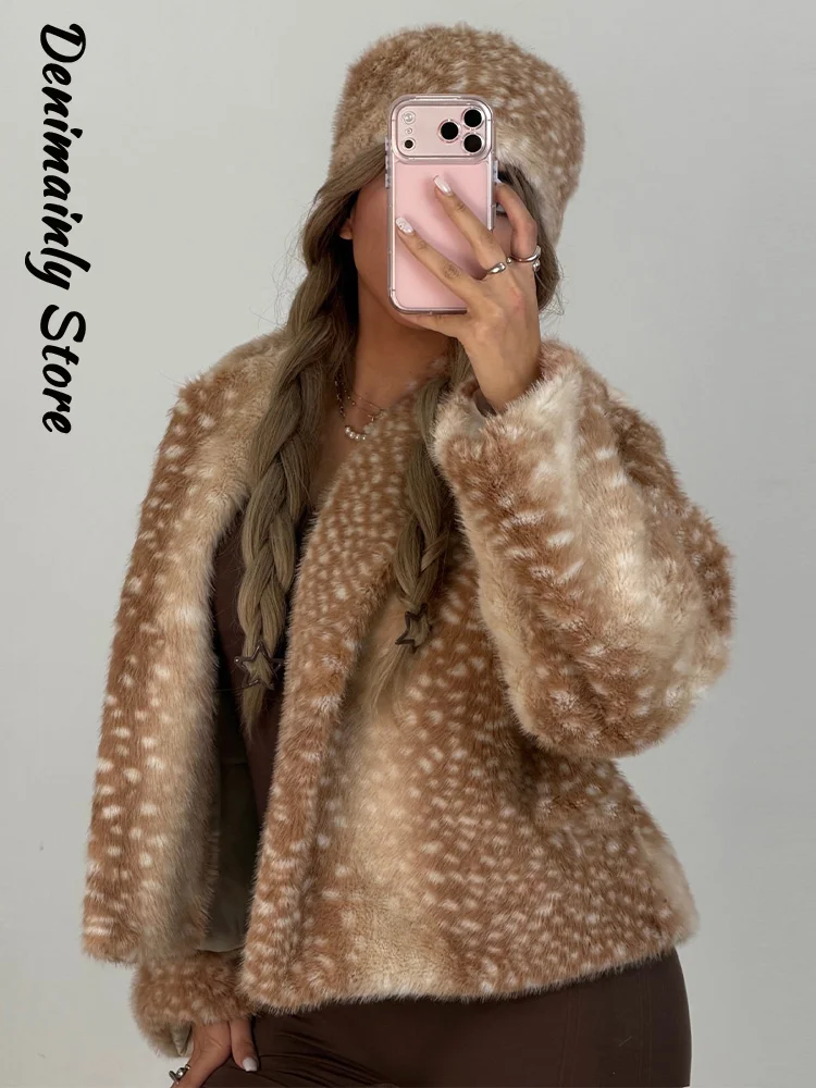 Vintage Women's Deer Printed Faux Fur Coats With Hat O-neck Full Sleeve Cropped Coat 2026 Autumn Winter Lady Warm Plush Jackets