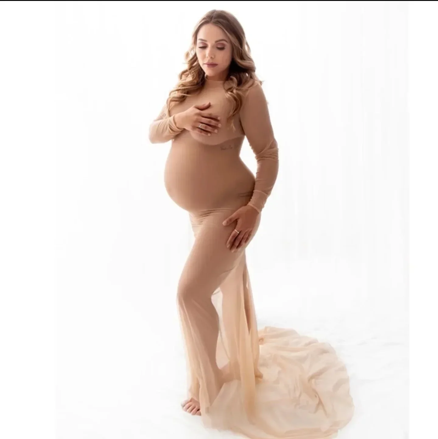 

See Through Stretchy Mesh Maternity Photography Dresses Full Sleeve Boat Neck Pregnancy Photo Shoot Long Dress