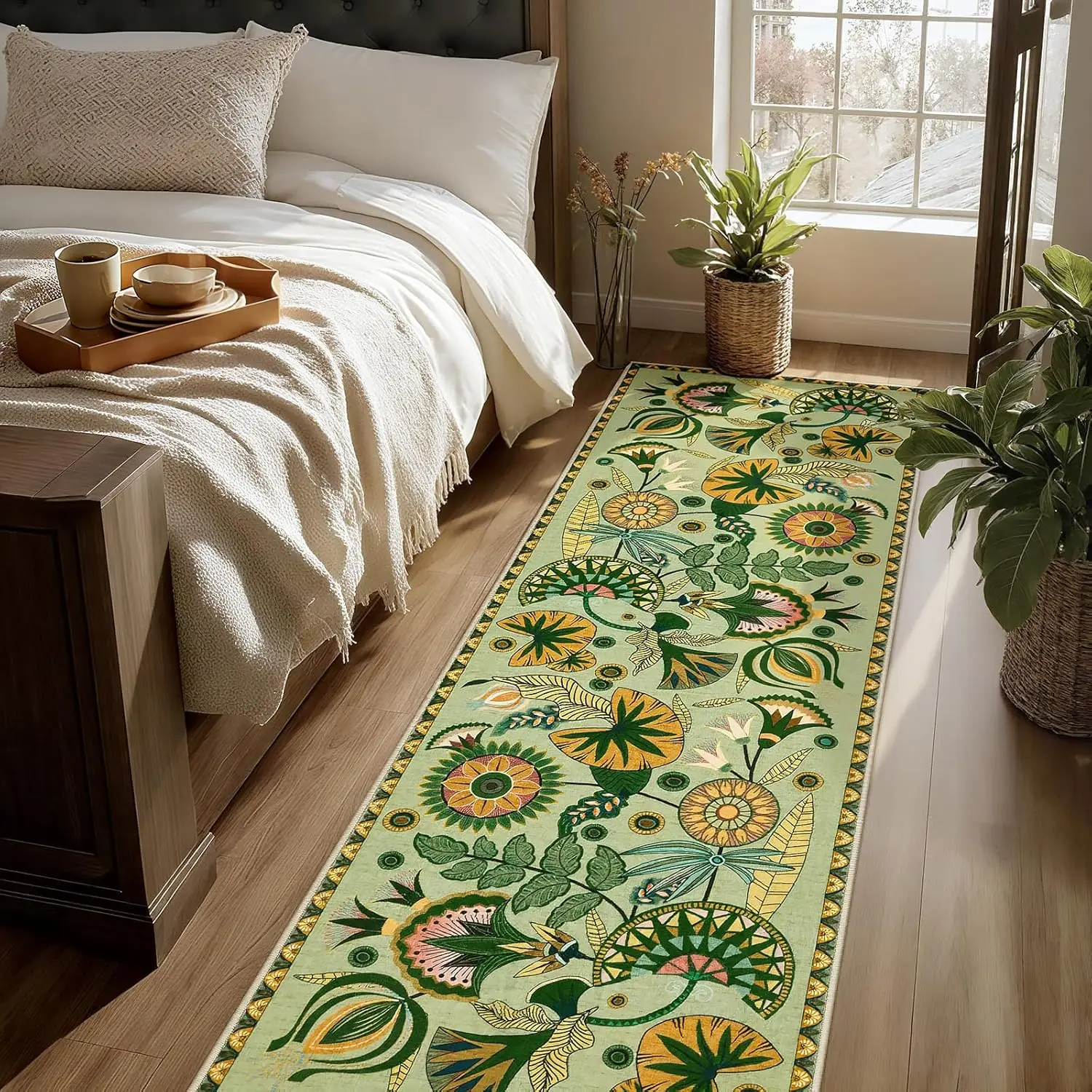 Egypt Floral Washable Kitchen Bathroom Rug Runner,Boho Sage Green Hallway Entryway Rug Non Slip, Vintage Low Pile Carpet Runners