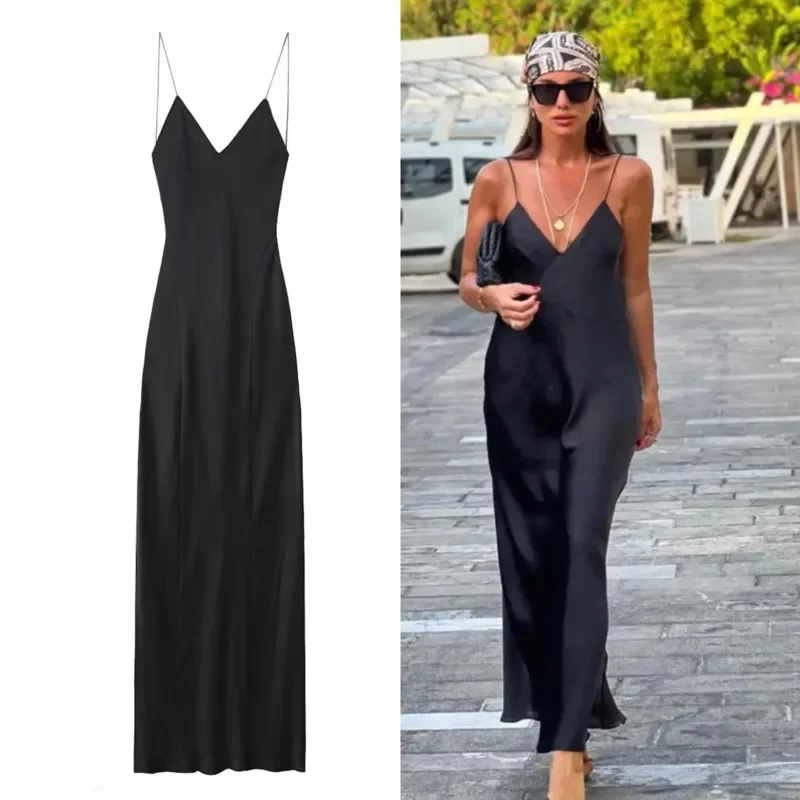 Vestido longo de cetim preto feminino, Decote V, sem mangas, sem costas, magro, elegante, festa, noite, vintage, monocromático, verão, nova moda