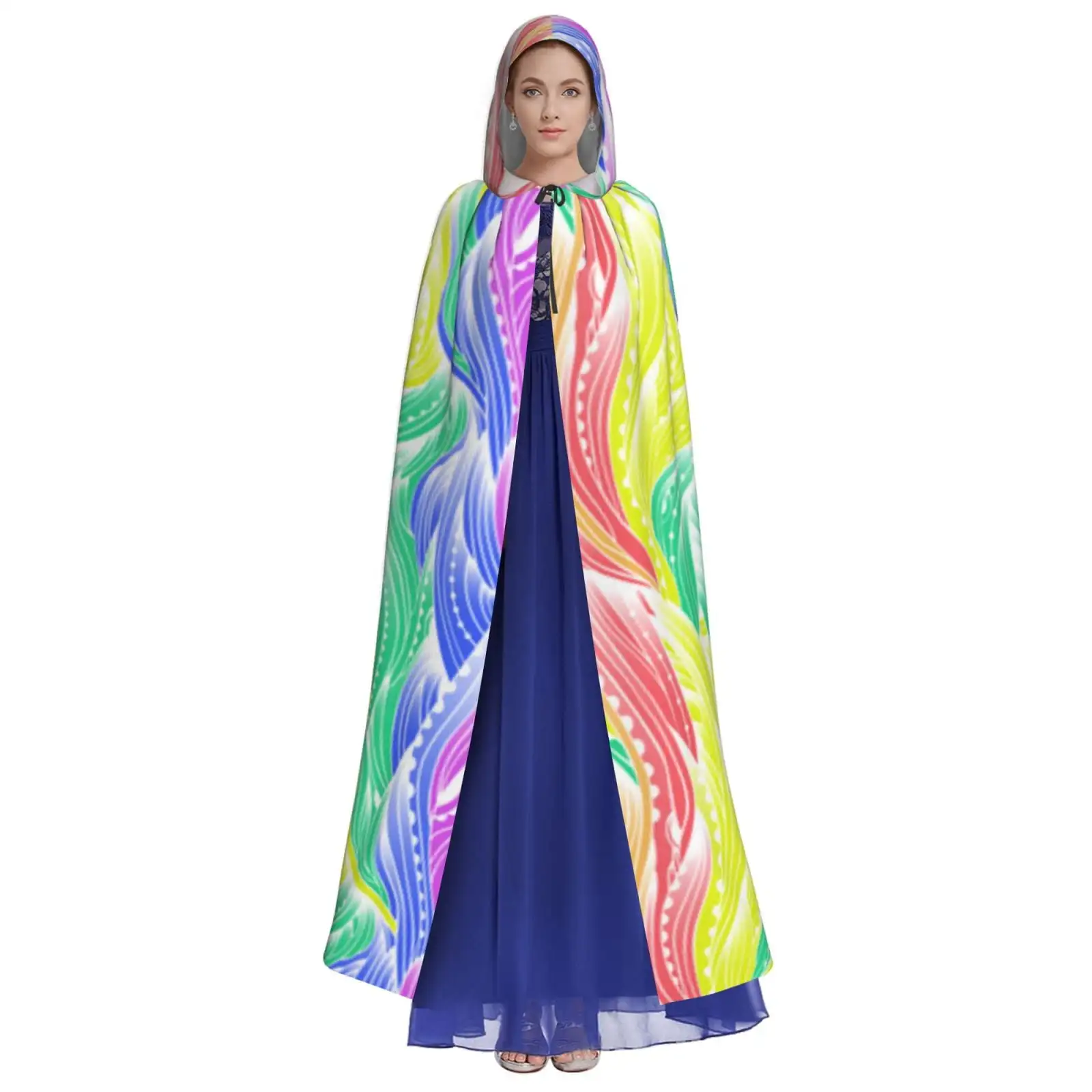 Unisex Hooded Cloaks Adult Lightweight Overcoat Colorful Wavy Pattern Cloak For Halloween Cosplay Costumes