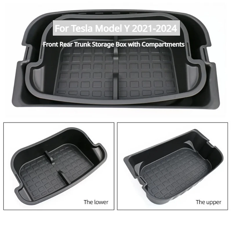 For Tesla Model Y 2021-2024 Double-Layer Rear Front Trunk Storage Box Frunk Organizer Tray with Compartments Auto Accessories