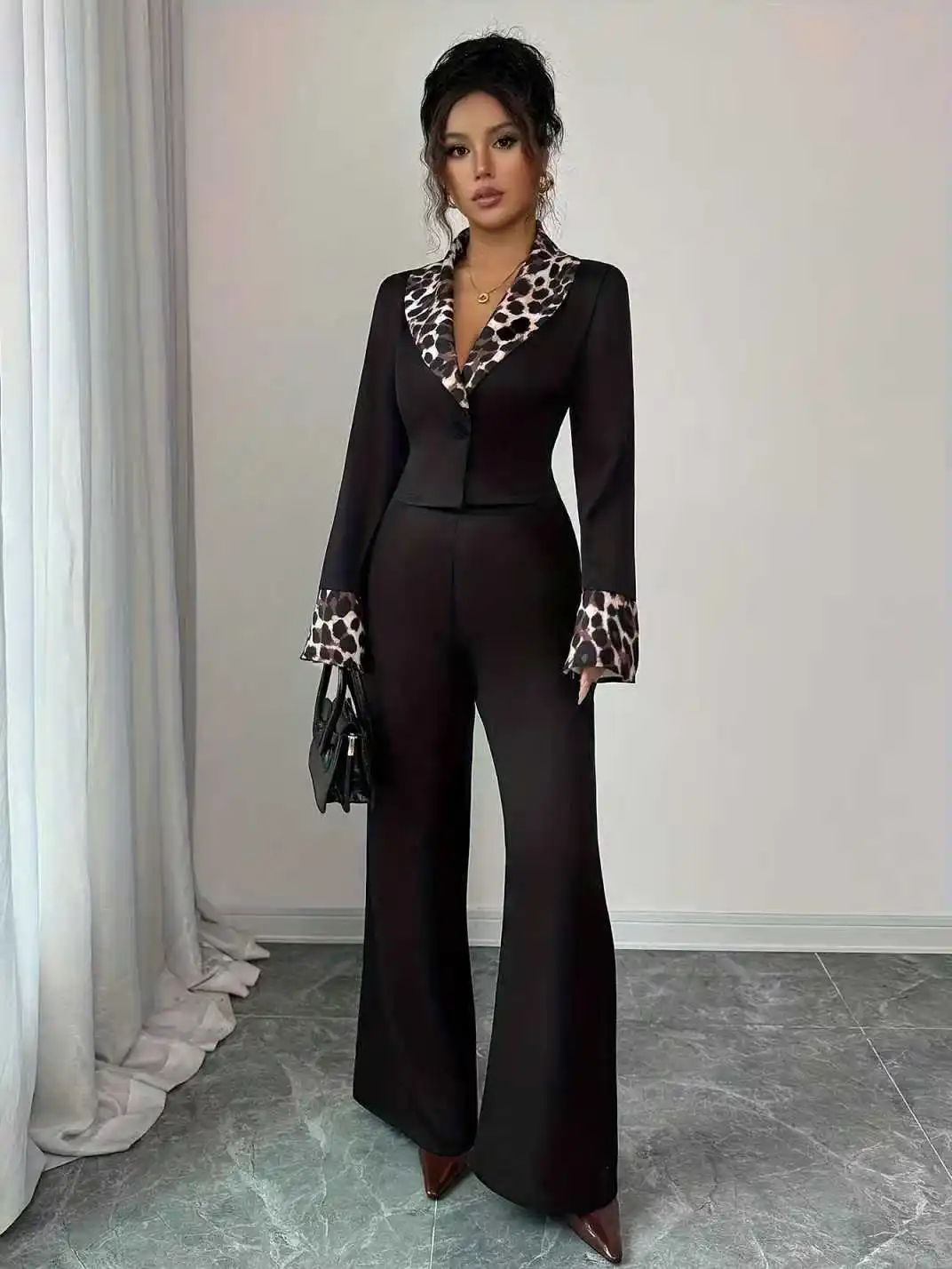 

Leopard Print Women Suit Set 2 Pcs Blazer+Pants Trousers Black White Formal Office Lady Jacket Customized Wedding Guest Coat
