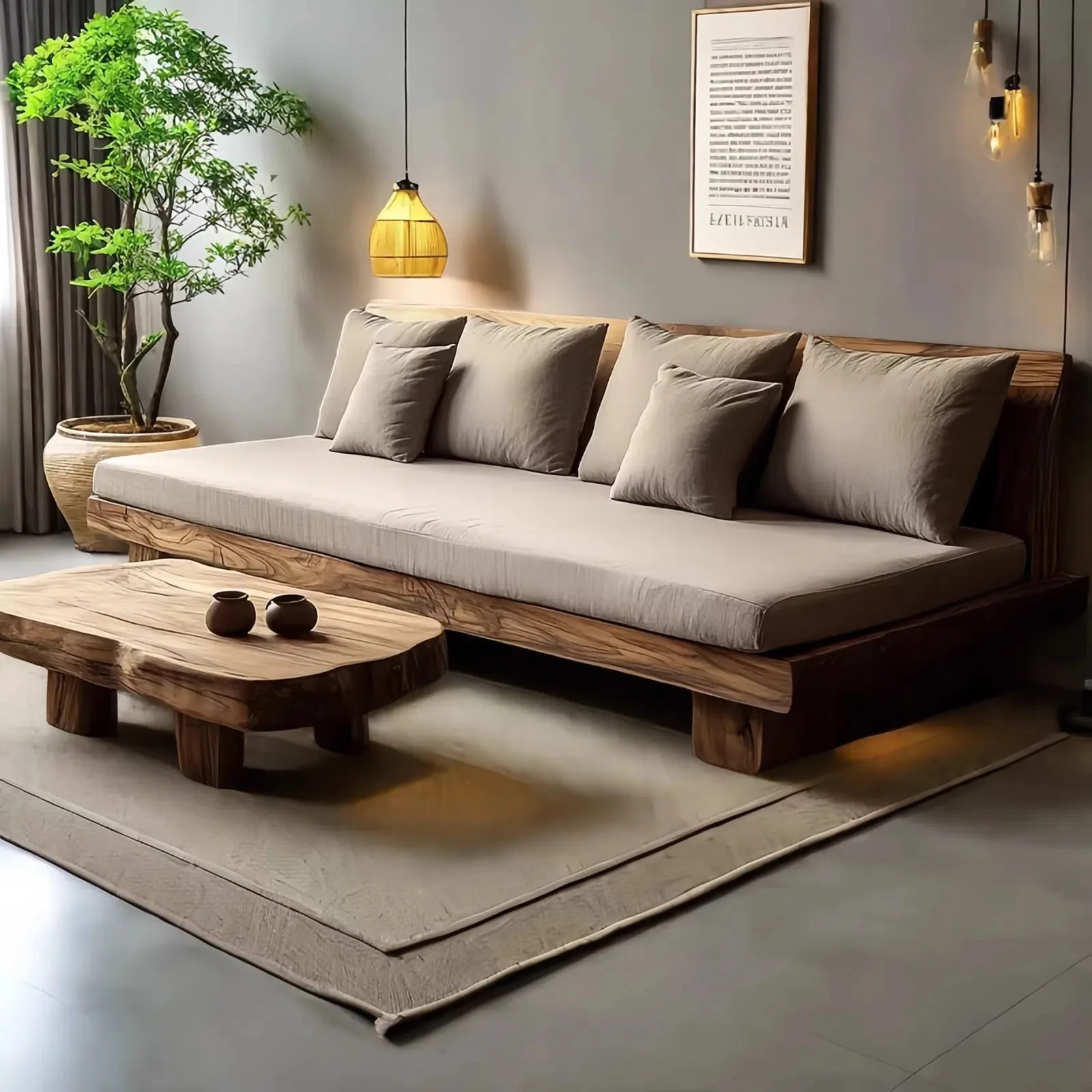 Wabi Sansan Solid Wood Straight Row Sofa Living Room B & B Hotel Log Natural Side Medium Antique Three-person Sofa Combination