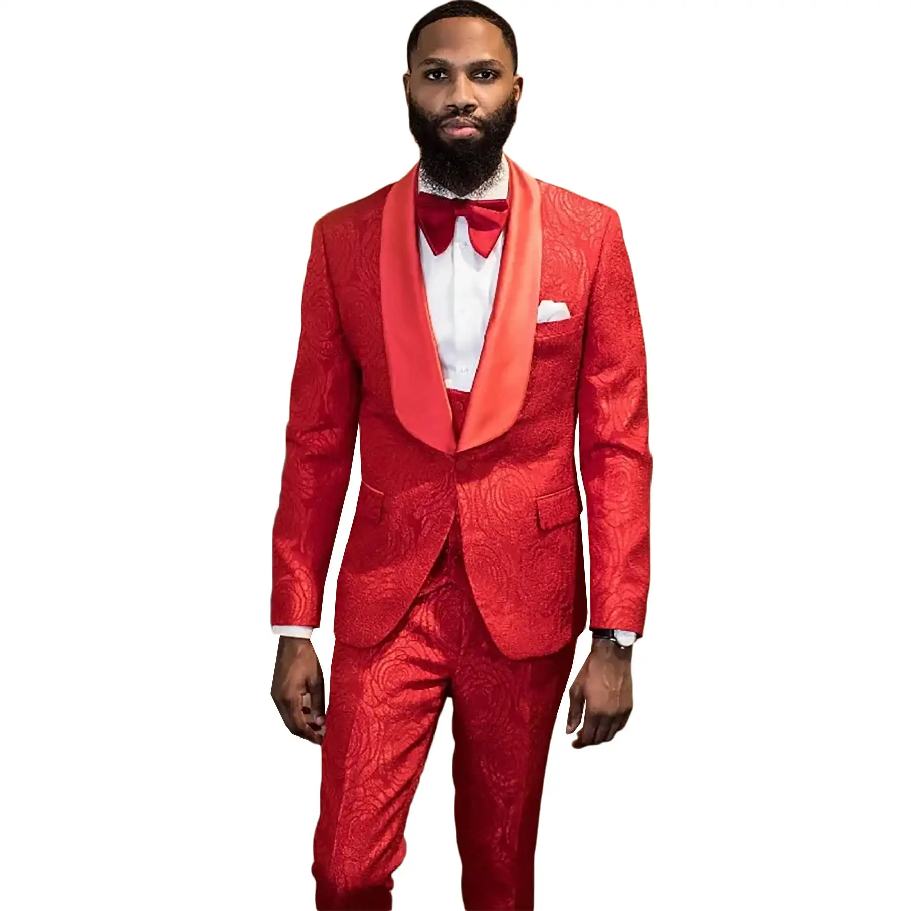 Red Wedding Tuxedos Floral Pattern Shawl Lapel Groom Groomsmen Men Business Formal Wear 3 Pieces