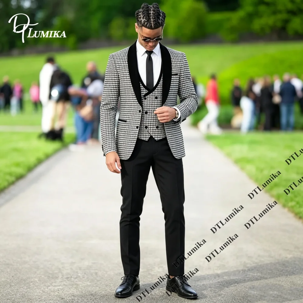 DTLumika Tailored Houndstooth Three-Piece Men’s Suit (Blazer + Waistcoat + Trousers) Casual Smart Suits, Timeless Classic Tuxedo