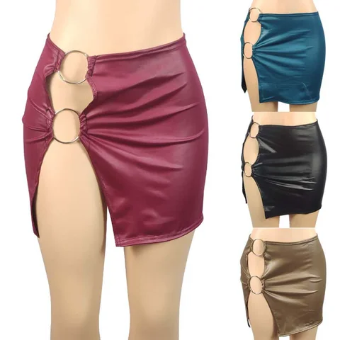 PU Imitation Leather Metal Ring Side Split Mini Skirt Women High-waist Fittness Slim Skirts Vintage Bodycon Skirt Club Party