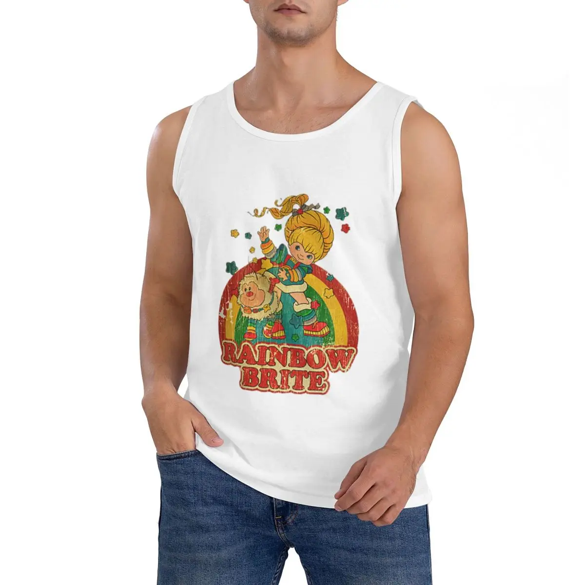 100% Cotton RETRO VINTAGE RAINBOW BRITE Sleeveless T-Shirt Men Workout Sports Clothing Tops Men's Crew Neck Vest