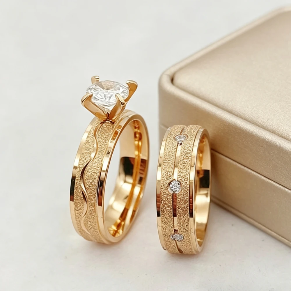 2pcs Hers Matching Love Couple Rings 18K Rose Golden Plated Wedding Bands With Cubic Zirconia Engagement Promise Jewelry Women