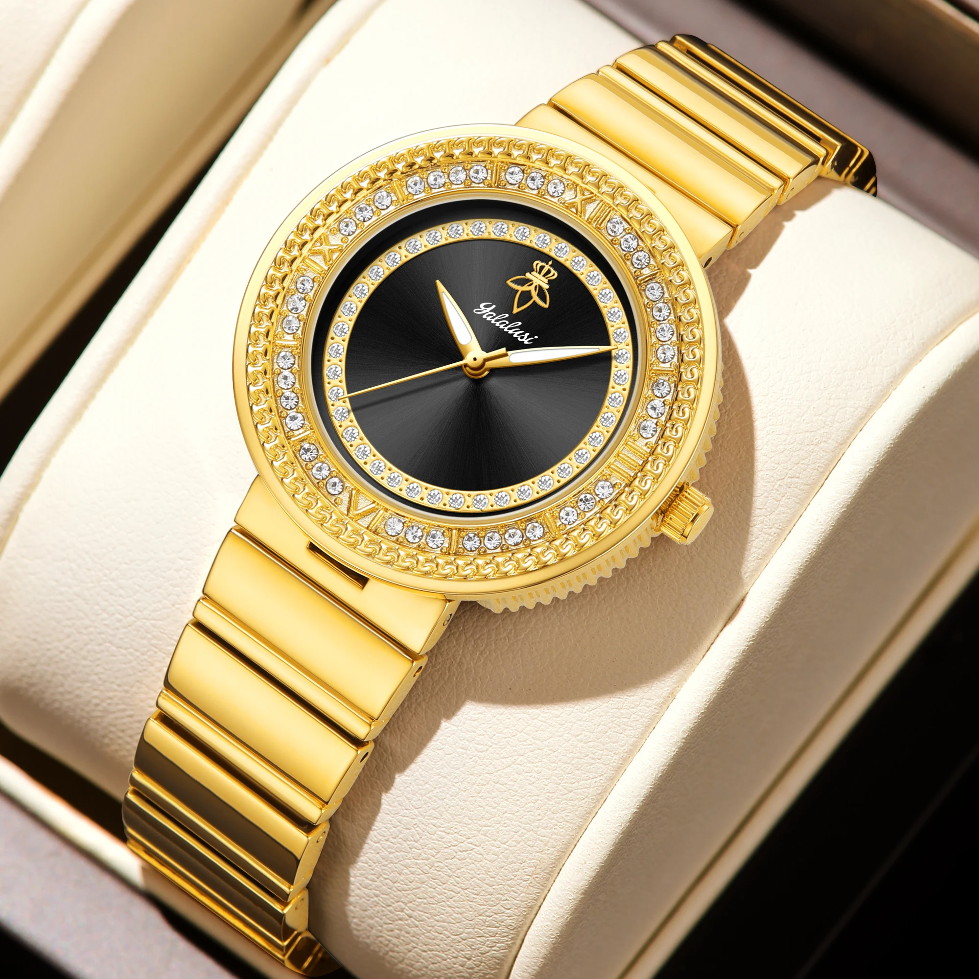 

YaLaLuSi брендовые женские темпераментные модные кварцевые часы со стразами, золотые элегантные часы, подарочный набор, женские подарки