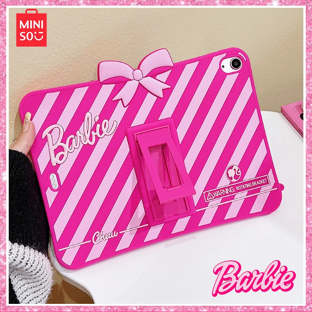 2024Miniso Barbie Pink New Bowknot Ipad /pro/air4/5 with Stand Silicone All-Inclusive Drop-Proof Tablet Case Girl Birthday Gift