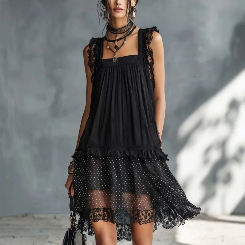 Vintage Spitzen-Trägerkleid mit Quadratischem Ausschnitt, Plissiert, Gepunktet, Transparentes Netz, Rüschensaum, Damen Sommer Strand Urlaub Kleid Vestidos