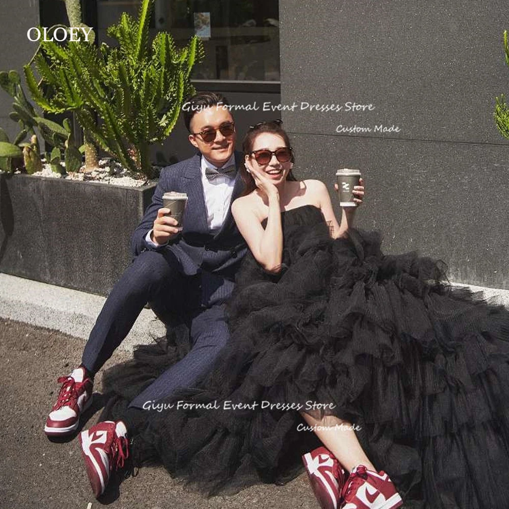 

Giyu Black Tiered Layered Tulle Wedding Dresses Korea Photoshoot Sleeveless Strapless Corset Back Evening Gowns Formal Occasion