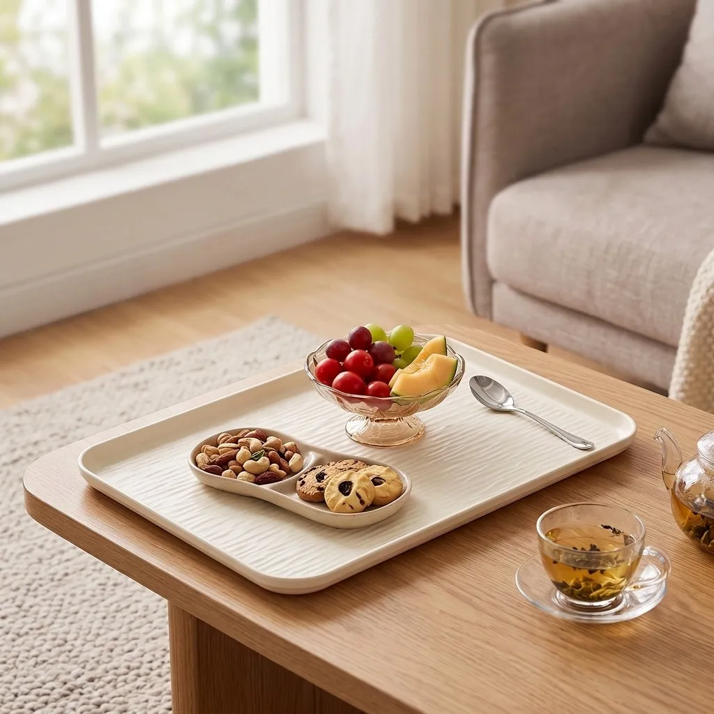 Reusable Plastic Serving Tray Non-Slip Stackable Breakfast Food Plate Tea Tray Raised Edge Buffet Serving Dishes Dishwasher Safe