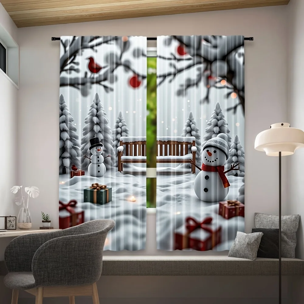 2PC Snowman & Cardinal Sheer Curtains – Light-Filtering Polyester, Snowy Forest Print, Rod Pocket Top – All-Season Holiday Decor