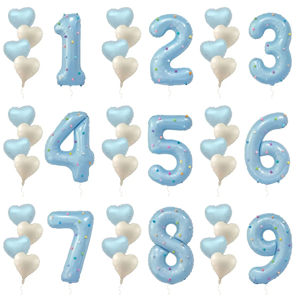 1 Set 40 Zoll blaue Zahlenballons in cremefarbenem und blauem Herzform-Design aus Aluminiumfolie 0-9 mit Plüschball für Geburtstagsfeiern und Jubiläumsdekorationen