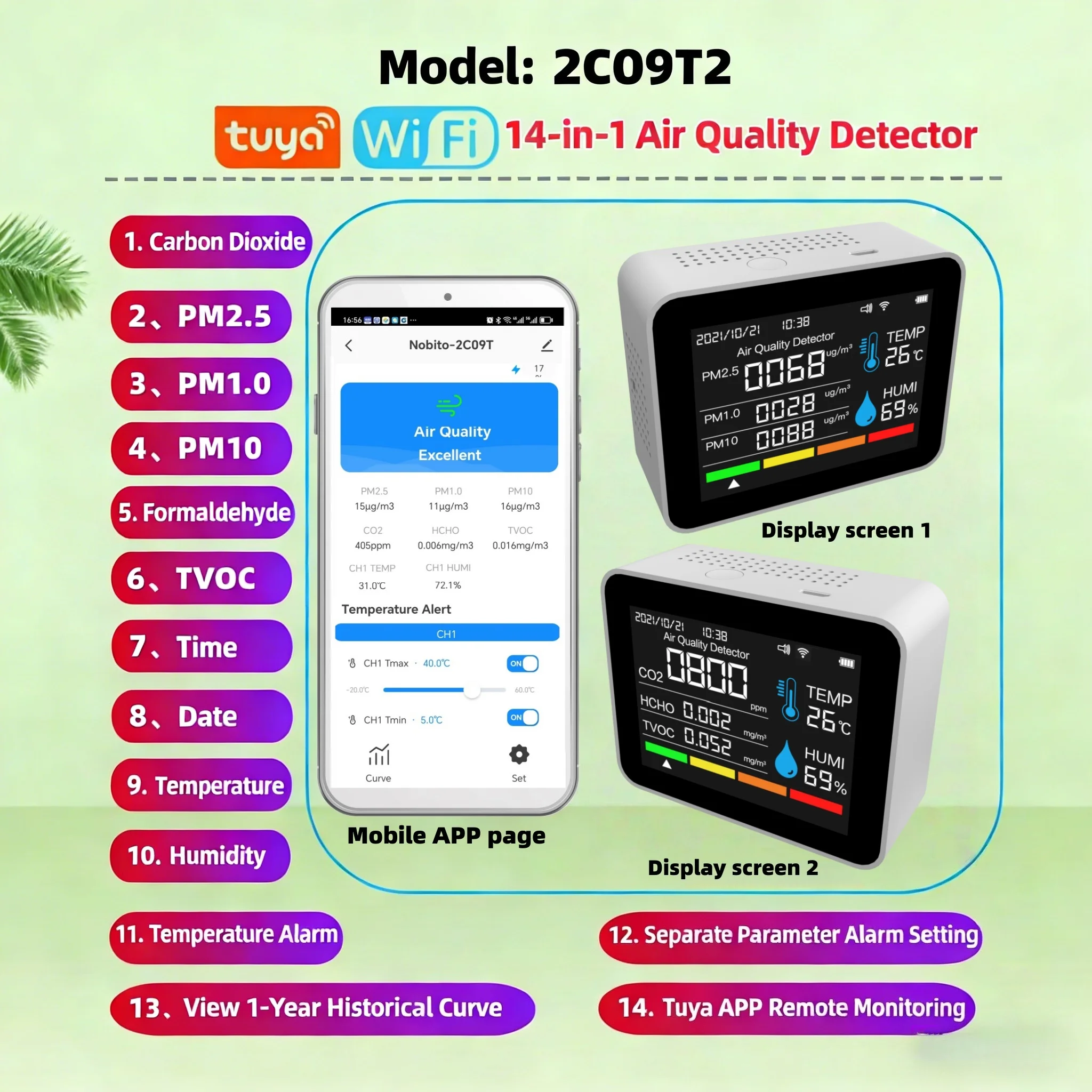 14 in 1 functional air quality detector, intelligent WiFi graffiti app, CO2, PM2.5, formaldehyde, temperature and humidity, time