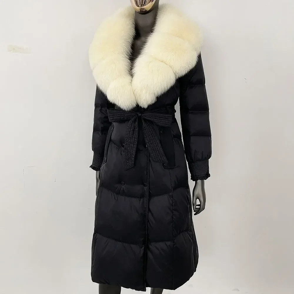 2024 New Winter Fit Warm Tie Up Real Natural Huge Fox Fur Collar Slim 90% White Duck Down Coat Over Knee Puffer Jacket Women