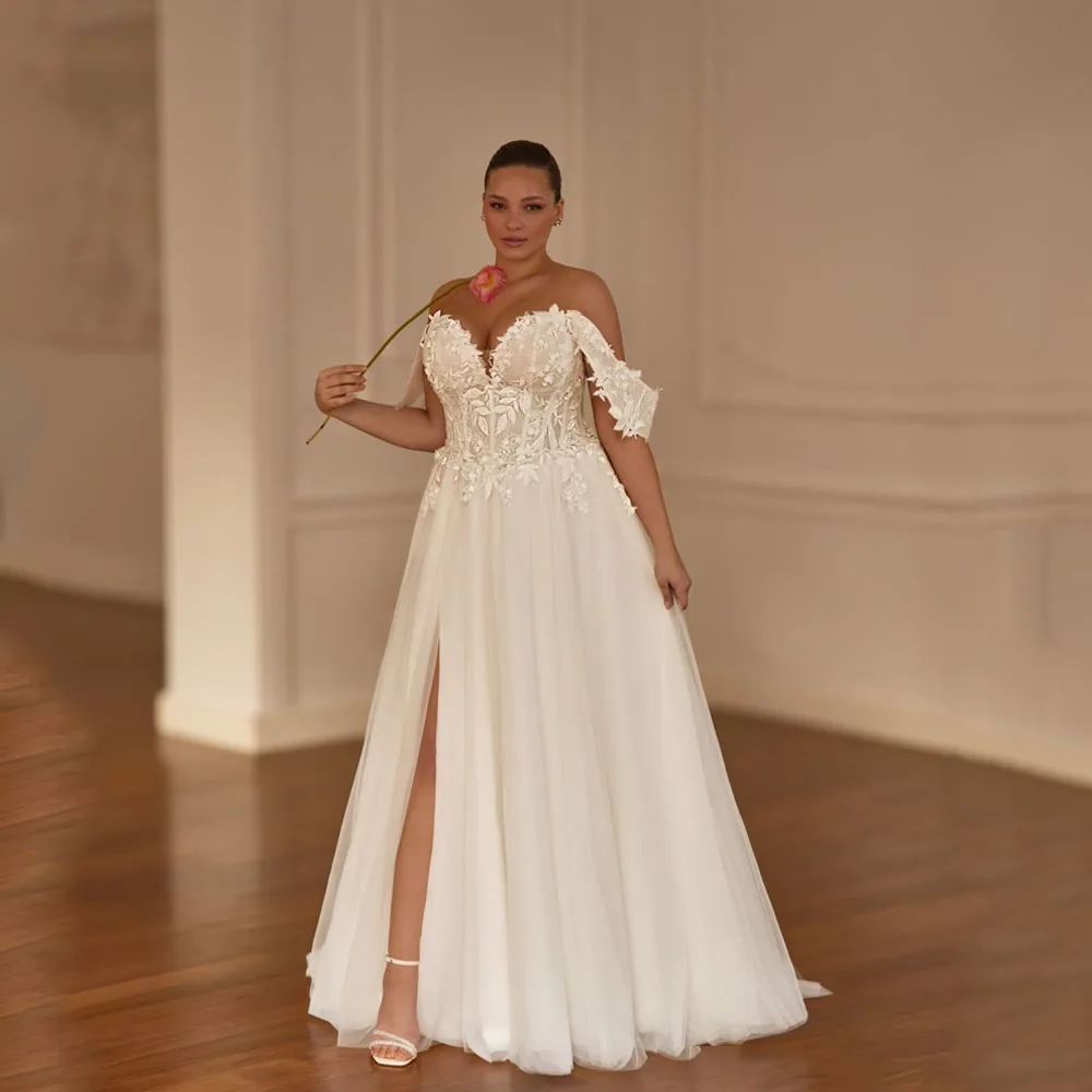 MCDV dentelle chérie fendu robe De mariée grande taille mariée hors épaule Applique a-ligne balayage Train robes De Novia personnalisé