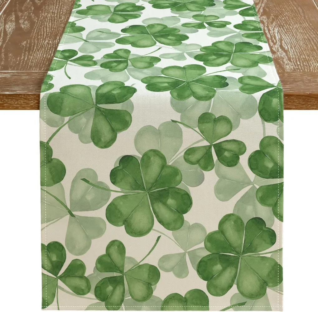 St Patricks Day Table Runner Green Shamrock Lucky Spring Seasonal Farmhouse Burlap Indoor Kitchen Dining Table Decorations