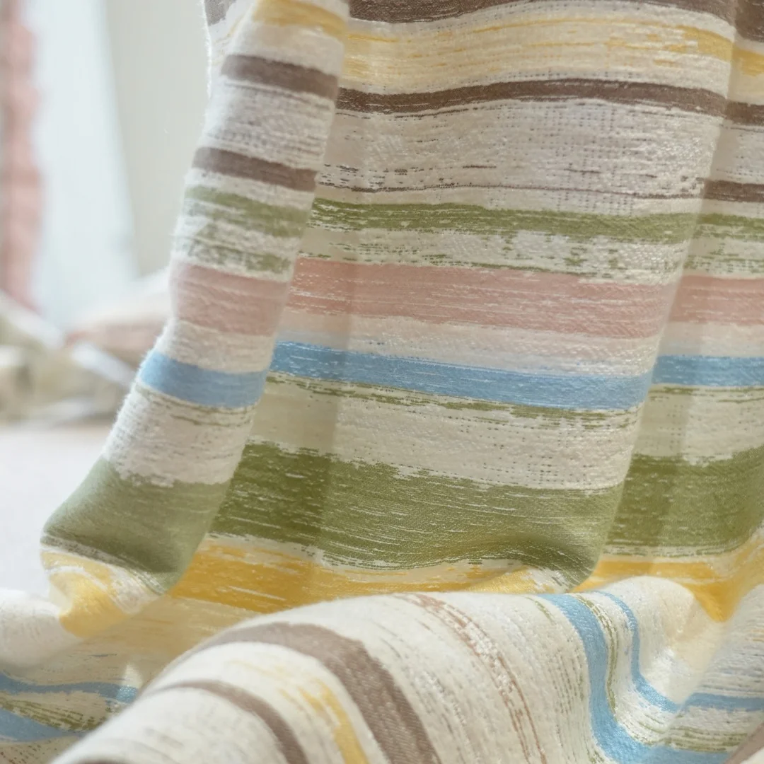 Pastel Multicolor Stripe Textured Linen Curtain Boho Farmhouse Window Curtain For Living Room