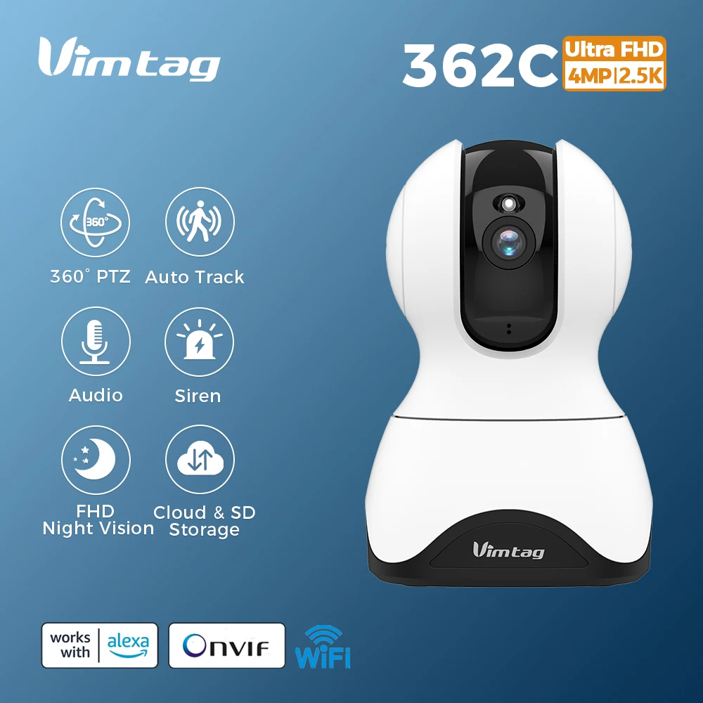 VIMTAG cámara WiFi de 2.5k 360 °, Cámara de vigilancia IP interior, visión nocturna infrarroja, audio bidireccional, seguimiento automático, Cámara