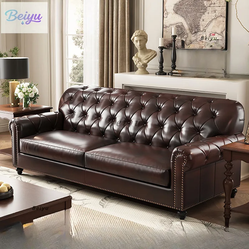

American leather sofa straight row retro high-end living room double trio sofa old villa bedroom sofa