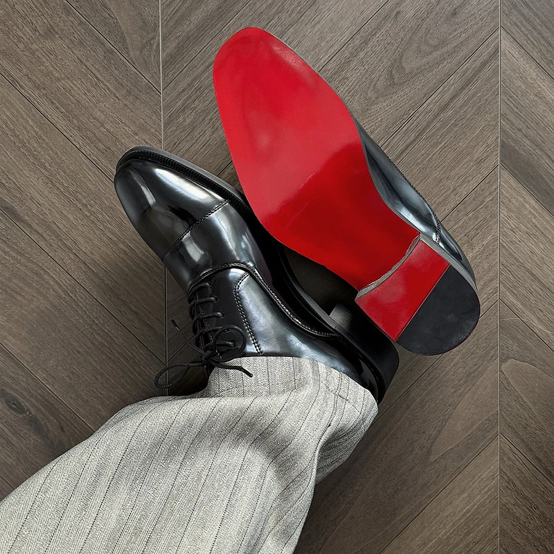

Red sole business formal dress leather shoes for men with height increase shiny patent leather lace up groom's wedding shoes