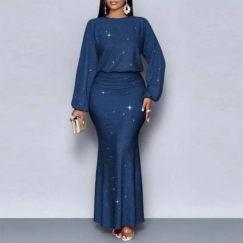 Elegant O-neck Long Sleeve Fishtail Dress Women Fashion Hight Waist Draped Long Dress Casual Shiny Sequins Solid Party Dresses