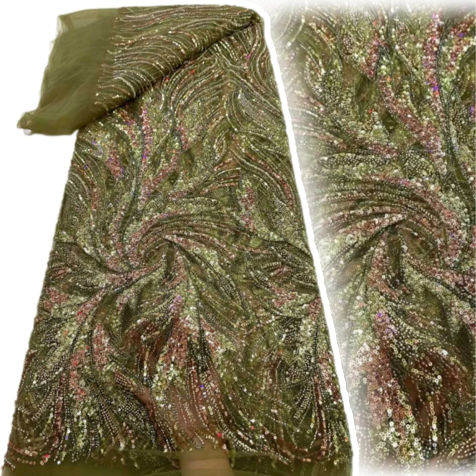 

Роскошная африканская кружевная ткань ручной работы с бисером 2026, зеленая нигерийская французская тюлевая кружевная ткань с пайетками для пошива свадебных и праздничных платьев 2419