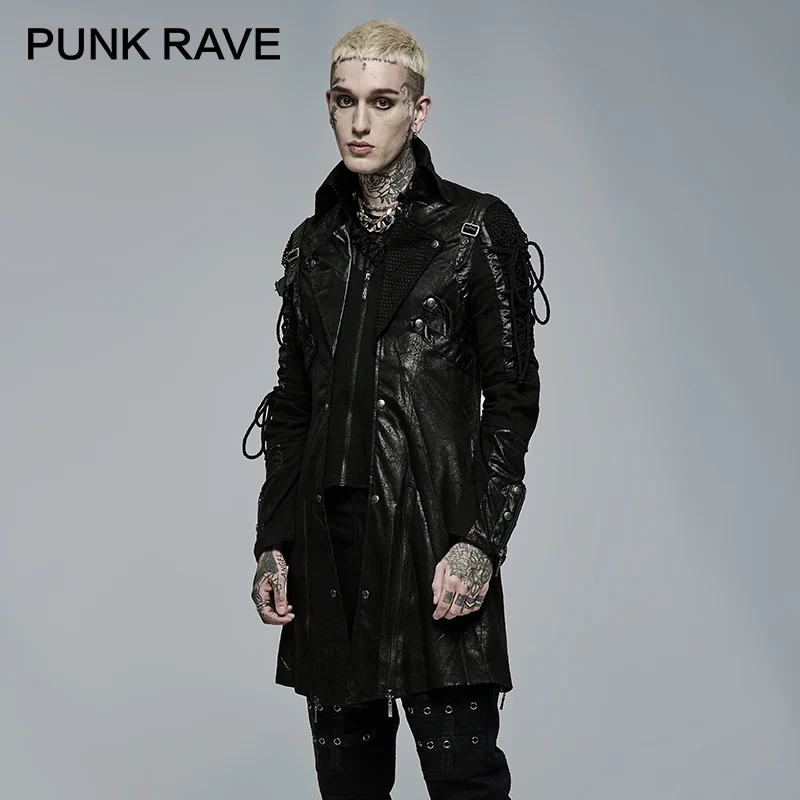 PUNK RAVE Men\'s Punk Style Military Jackets Faux Leather Slit Unisex Gothic Retro Men Long Coats Autumn Winter Black & Red