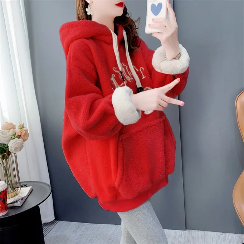 Autumn Winter Fleece Sweatshirt Women Hoodie Warm Long Sleeve Pullover Loose Streetwear Embroidery Korean Fashion New