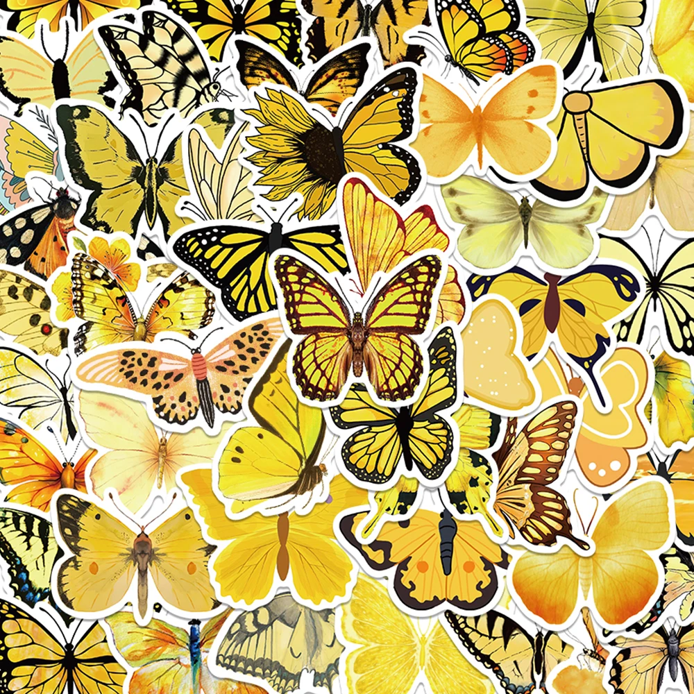 50pcs Yellow Butterfly Sticker Watercolor Decal For Laptop Guitar Skateboard Fridge Wallet Backpack DIY Decorative Sticker