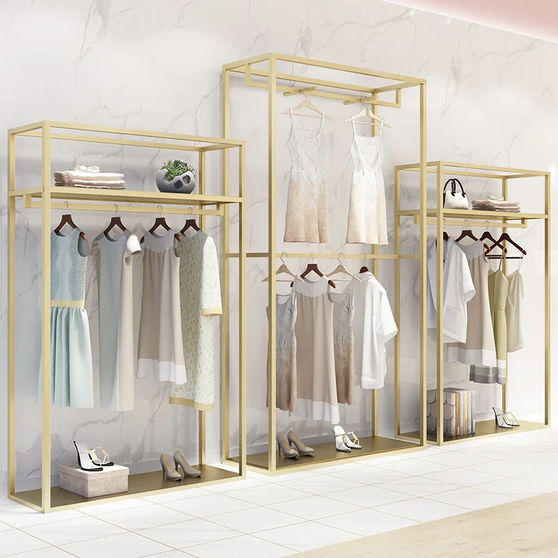 custom，Fashionable Clothes Shop Fixture Furniture Retail Clothes Stand Gold Clothes Racks for Shops