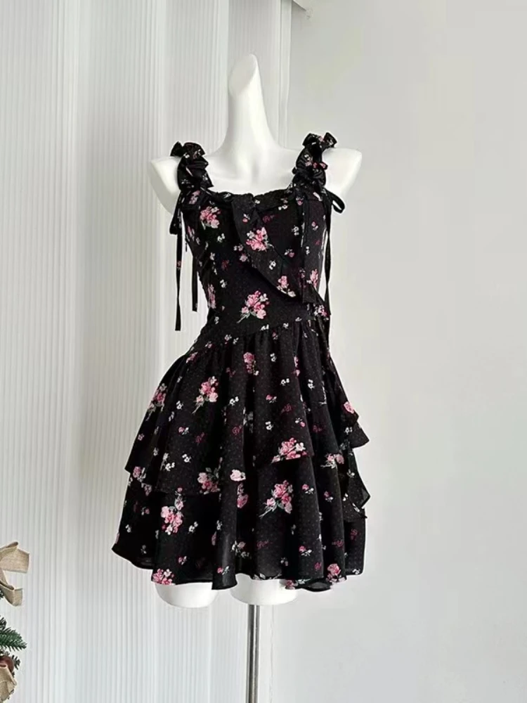 Vestido floral com alça em linha A feminino, rosa retrô, mini vestido elegante com pontos, francês, estilo coreano, peça única casual, verão, 2024