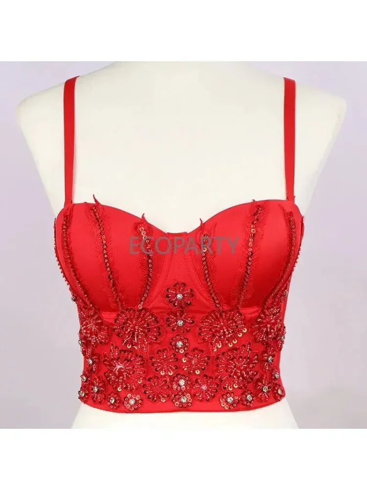 Impreza w klubie nocnym gorset krótki Top z wbudowanymi miseczkami do noszenia na ramieniu Camis ubrania Sexy Slim koraliki akrylowe damskie krótki Top — zdjęcie 2