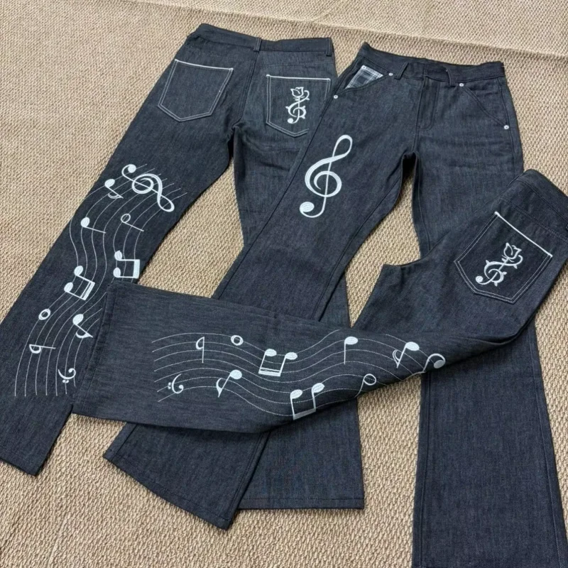 Embroidery Slim Flare All-match Skinny Jeans Women Office Lady Denim Pants High Street Streetwear Unique Elegant Trousers