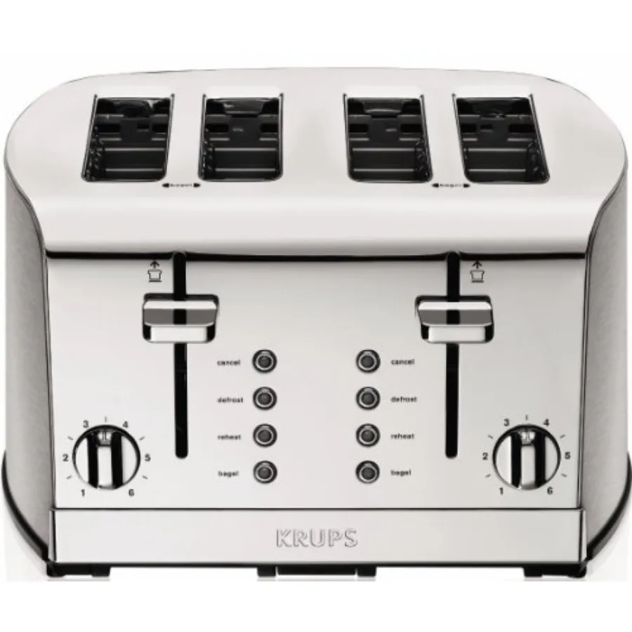 Breakfast Set Stainless Steel Toaster 4 Slice 1500 Watts 6 Brown Settings Defrost Reheat High Lift Lever Silver Matte and Chrom