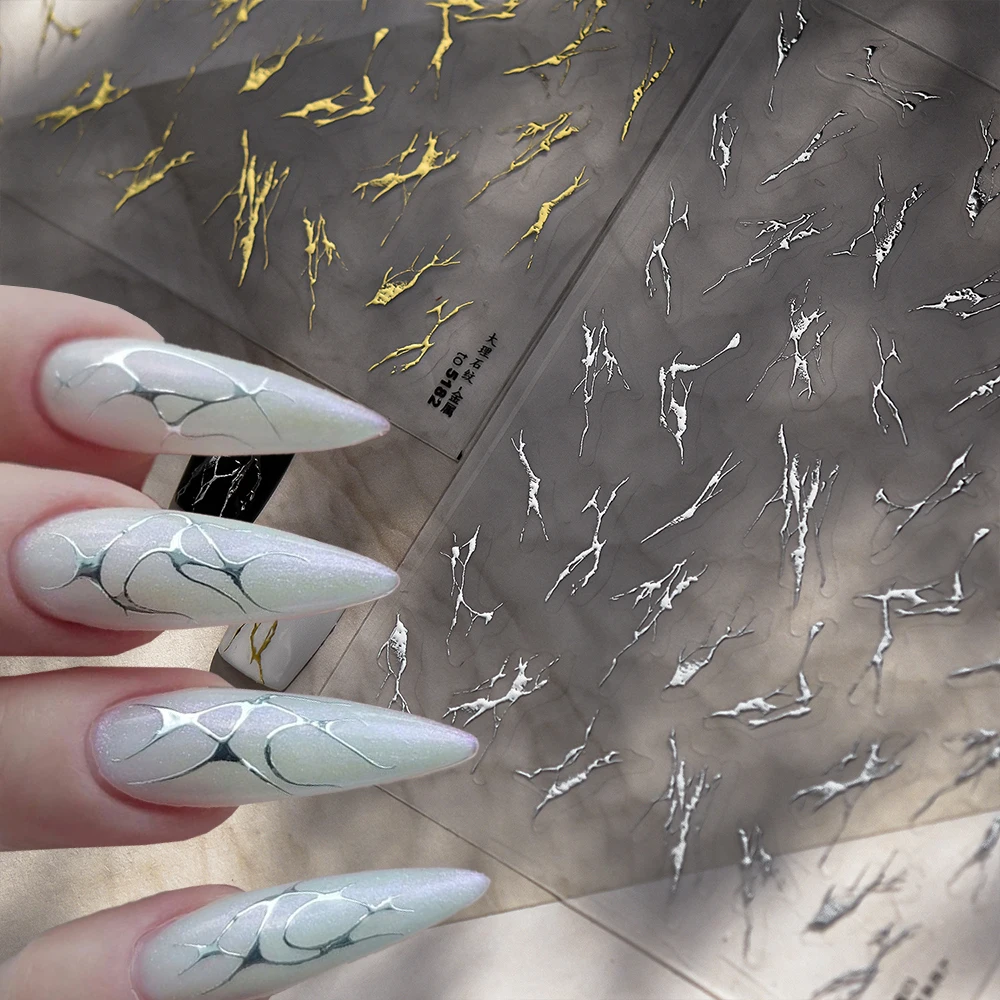 

1pcs 5D Silver Ice-Cracked Nail Sticker Simple Marble Pattern Nail Decals Bronzing Gold Black White Irregular Line Nail Slider#^