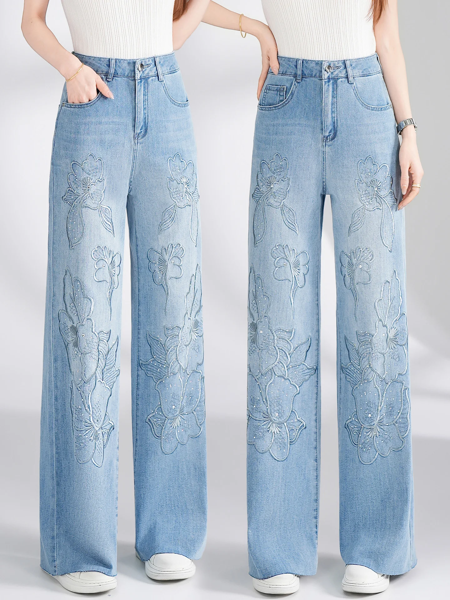 

Light Blue Embroidered Wide Leg Jeans Women's Spring Summer Thin High Waist Slimming Glitter Straight Leg Pants Casual Style