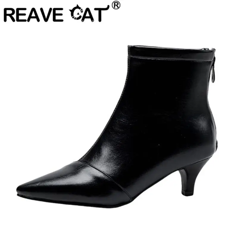 

REAVE CAT 2024 Office Lady Ankle Boots Pointed Toe Small Heels 5cm Back Zipper Big Size 46 47 48 Retro Mature Women Bota Winter