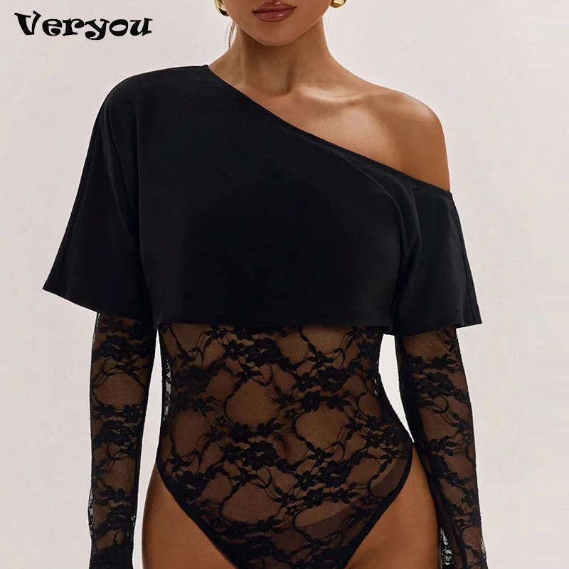 Sexy Bodysuit Lady Long Sleeve Jumpsuit Black Off Shoulder Lace Mesh Patchwork Off Shoulder Short Jumpsuit Women Skinny Tee Tops