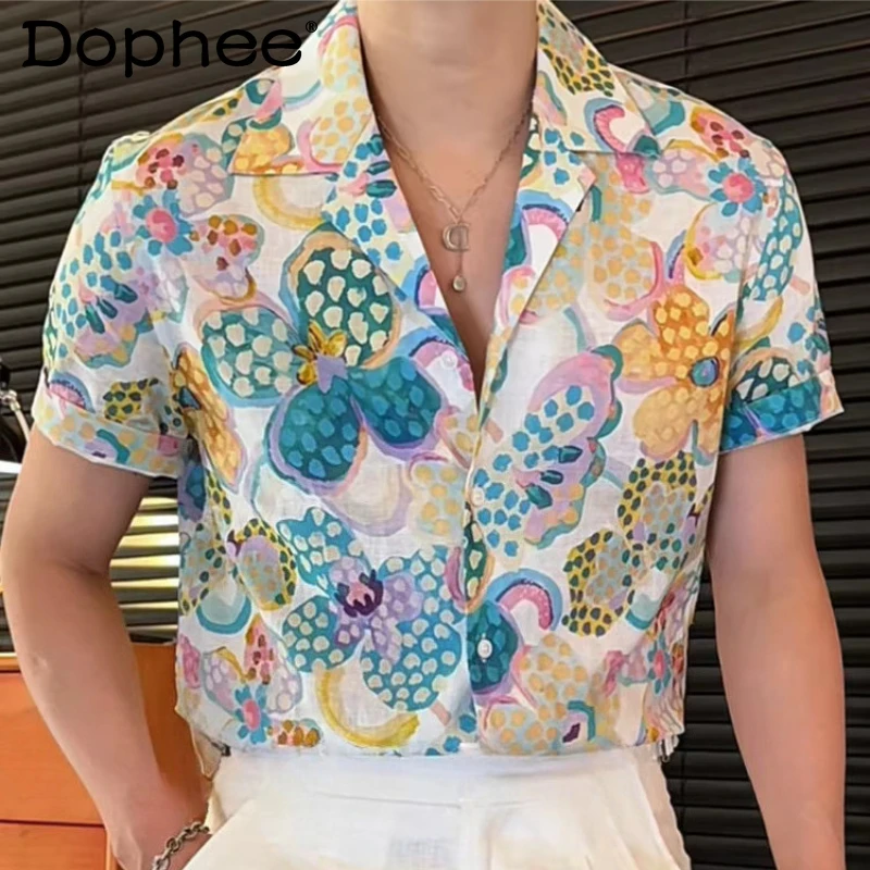 

Men's 2026 Summer New Cotton Linen Blended Tops Men's Printed Loose Comfort Versatile Shirts Male Elegant Short Sleeve Shirts