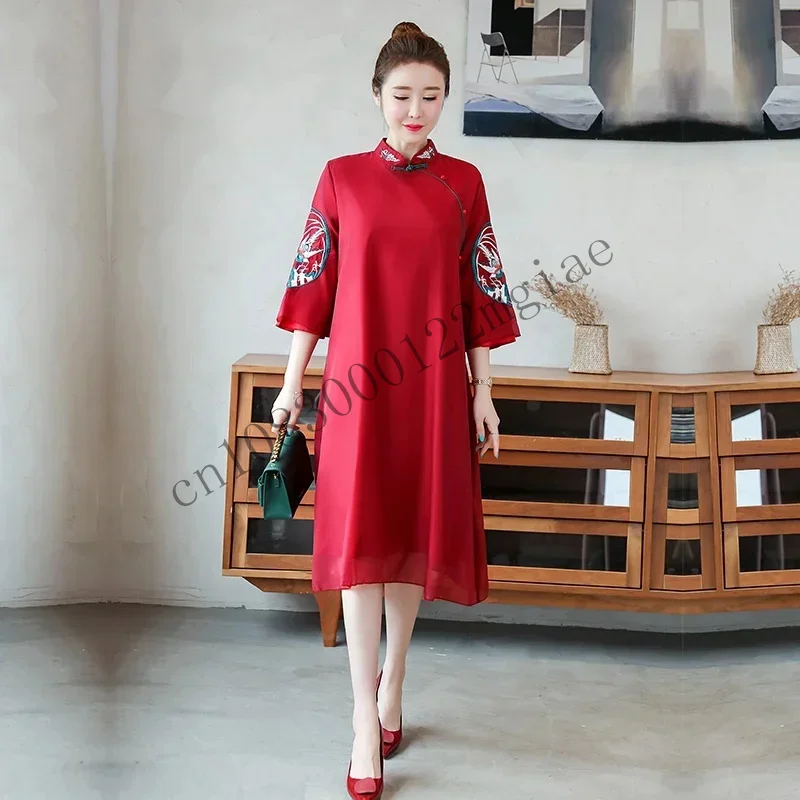 Chinese Style Dresses Summer 2024 Robe Vintage Femme Vesidos Elegant Womens Clothing Embroidery Plus Size Cheongsam Qipa CMM221