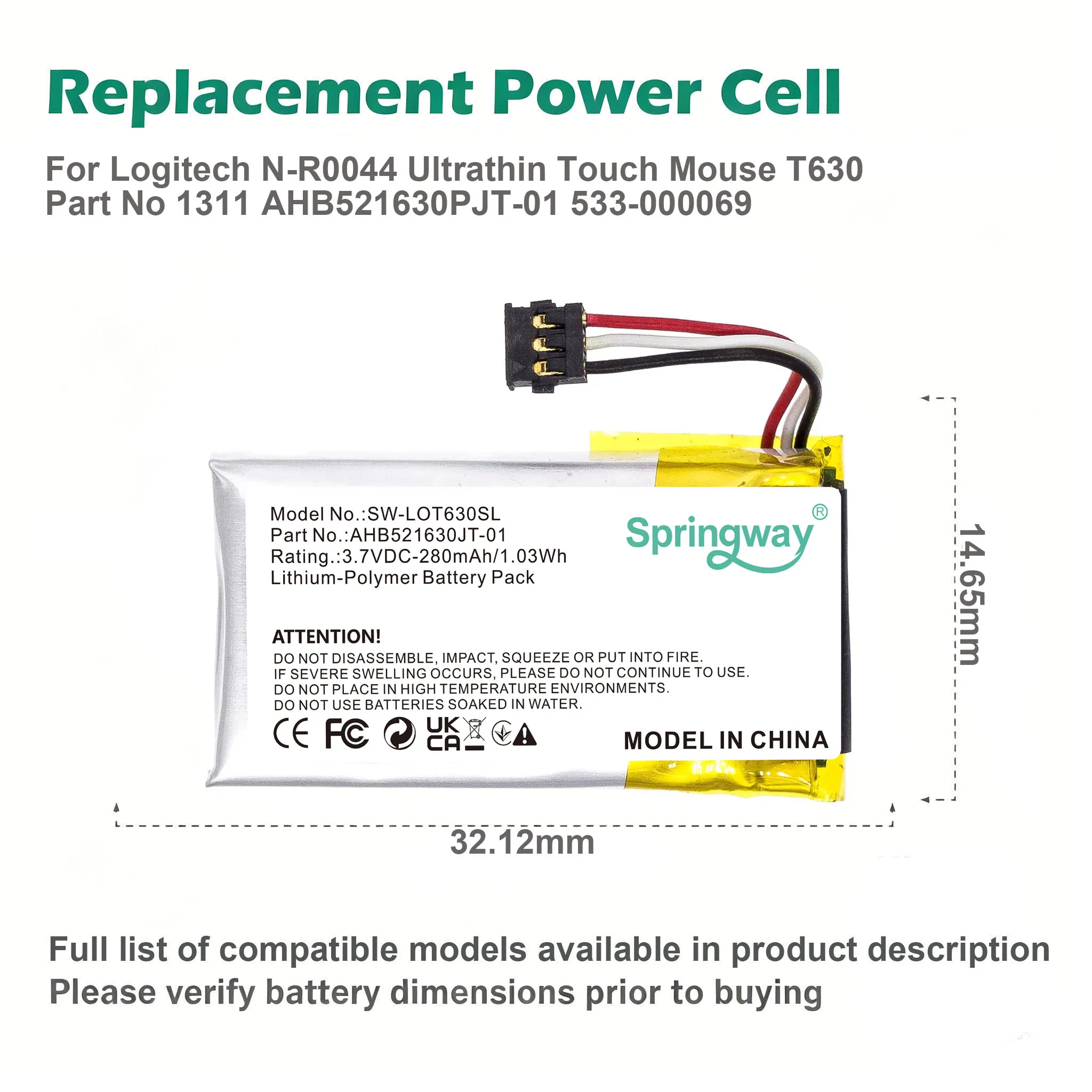 3.7V 280mAh Li-Po Battery AHB521630PJT-01 Replacement Cell For Logitech T630 N-R0044 Ultrathin Touch Mouse 533-000069