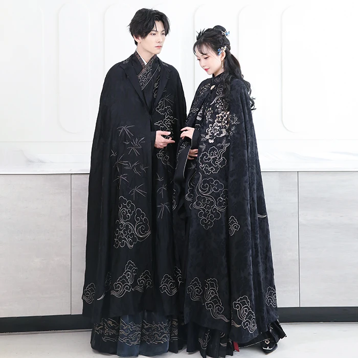 

Autumn Winter Men's Hanfu Clothing Embroidered Silk T Top Traditional Chinese Costume Couple Series Bla Gold King