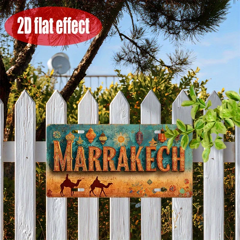 2D Flat, 1pc Vintage Metal License Plate Cover - Marrakech Desert Caravan Sign with Lanterns & Market Theme,