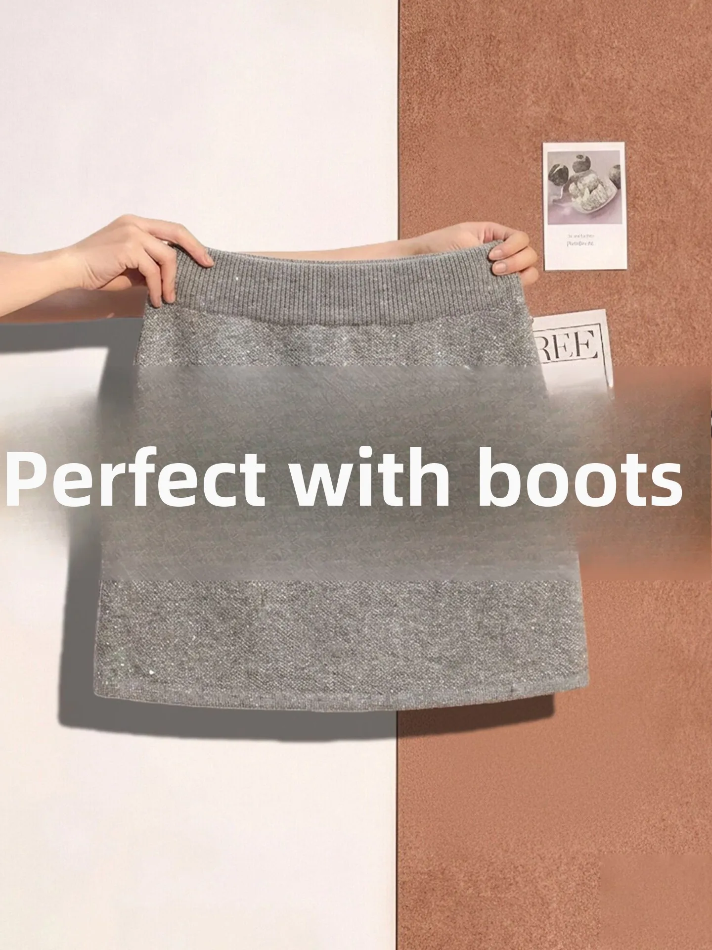 

Серая блестящая вязаная юбка с пайетками, женская зимняя утепленная базовая юбка малого размера с высокой талией, А-силуэт, короткая шерстяная юбка-обертка