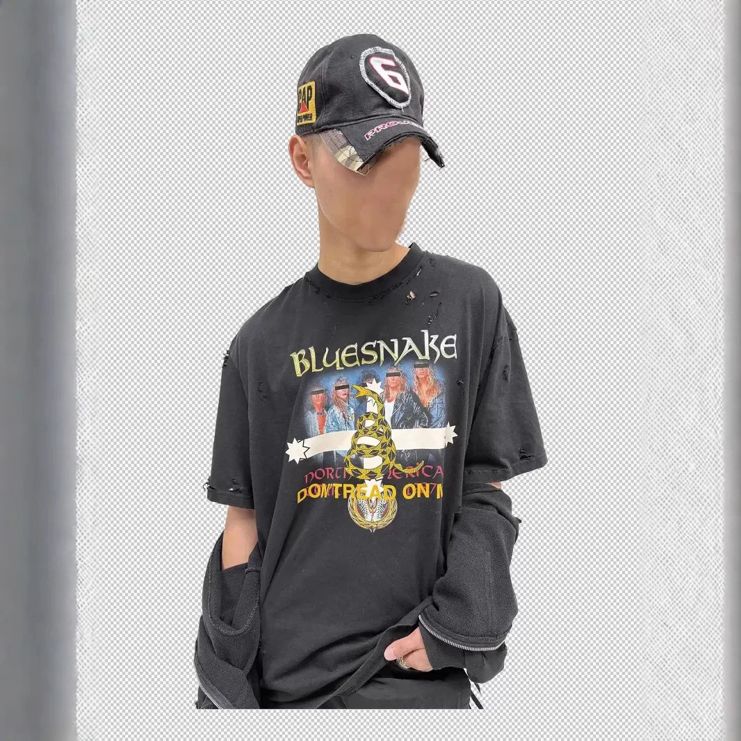 

Firmranch 25ss Summer Do Old Year Of The Snake Printing Limited Band Рваная футболка с короткими рукавами для мужчин и женщин Черные свободные футболки
